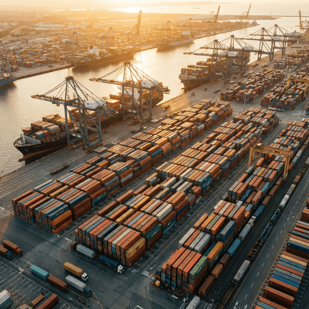 International cargo port at golden hour